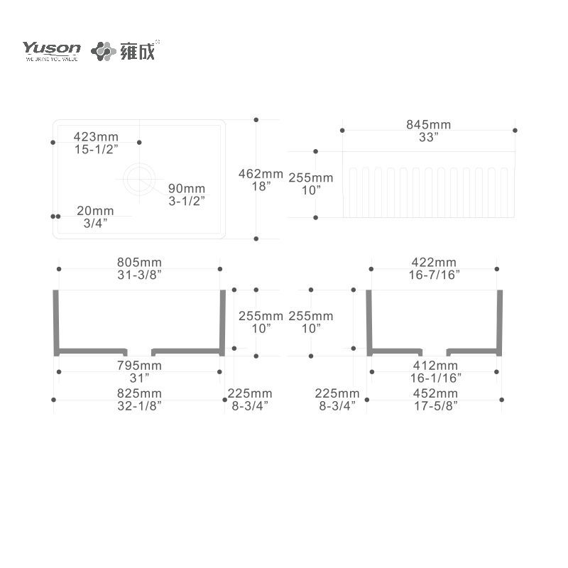 YS27110-3318	33x18 Inch Best-Selling Single Bowl VC Vitreous China Apron front kitchen sink Farm sink