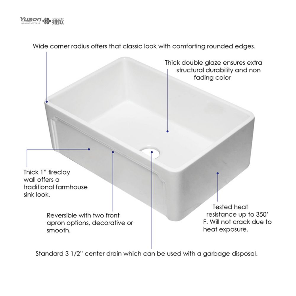 YS27102-3018	Manufacturer 30x18 Inch FFC Fine Fireclay China Apron front kitchen sink single Farm sink