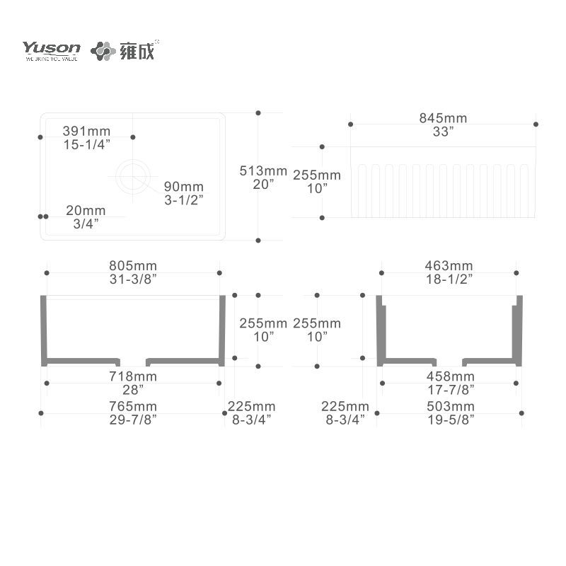 YS27112-3320	33x20 Inch Manufactuer Single Bowl VC Vitreous China Apron front kitchen sink farmhouse kitchen sink with drainboard