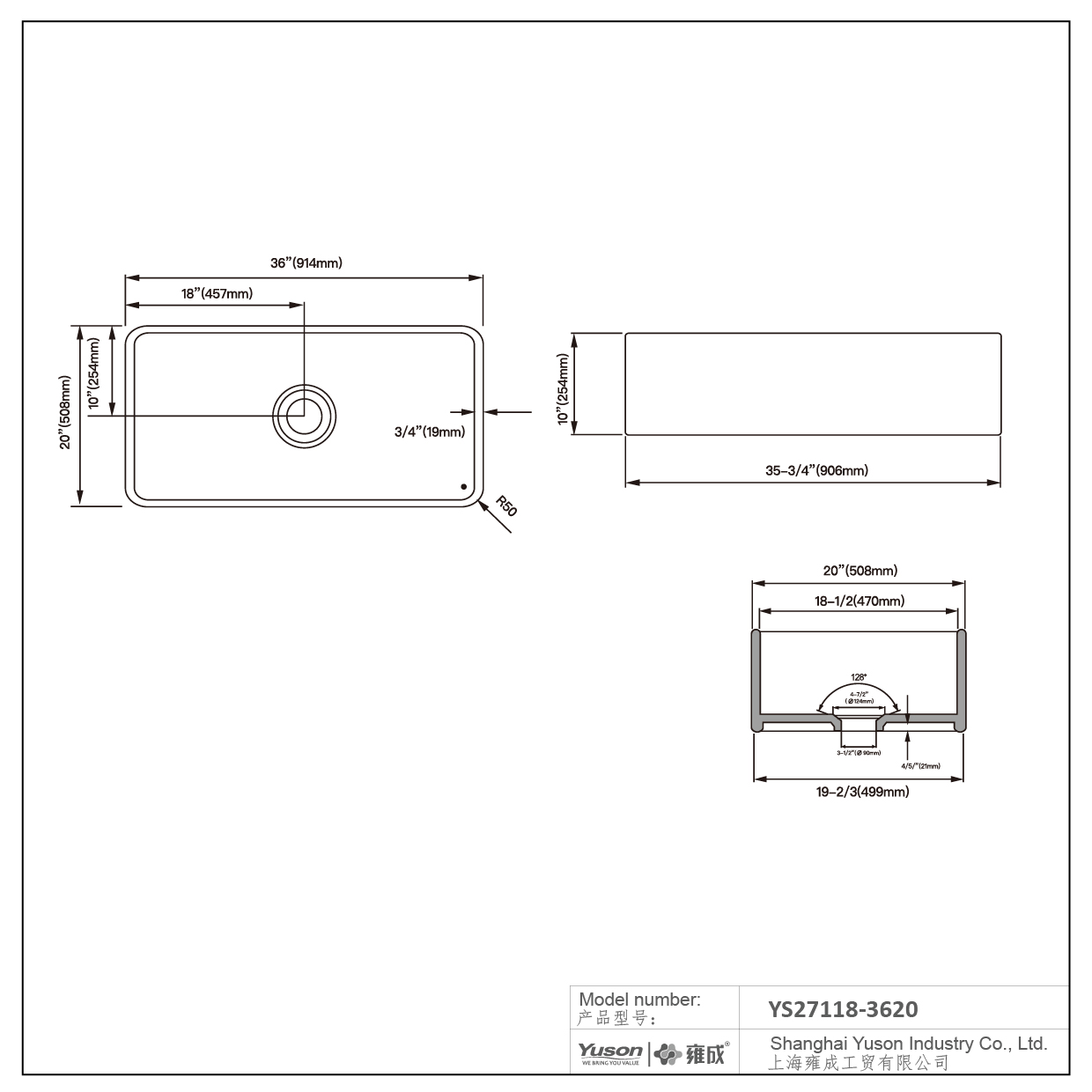 YS27118-3620	36x20 Inch Manufactuer Single Bowl VC Vitreous China Apron front kitchen sink farmhouse kitchen sink